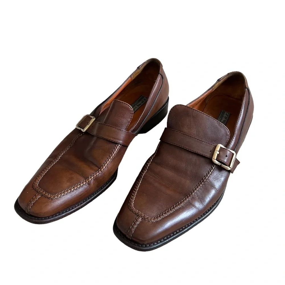 Salvatore Ferragamo Chestnut Brown Leather Slip-On Loafers with Gold Buckles